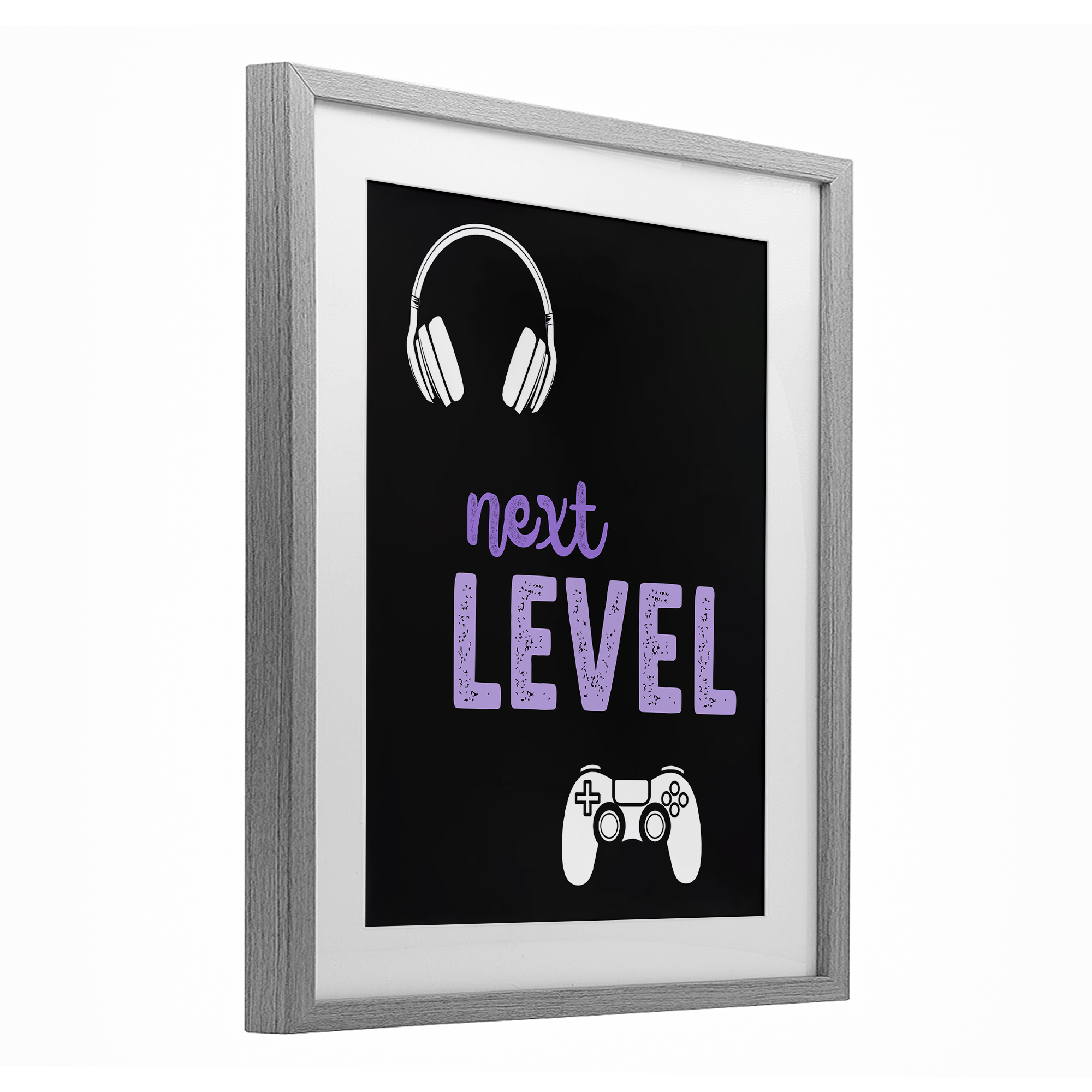 Next Level Headset & Controller Gray Framed Print Under Glass, design by Christine Simpson Art