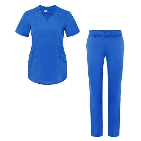 Adar Pro Scrub Set for Women - Tailored V-Neck Scrub Top & Tailored Yoga Scrub Pants - P9100 - Royal Blue - M
