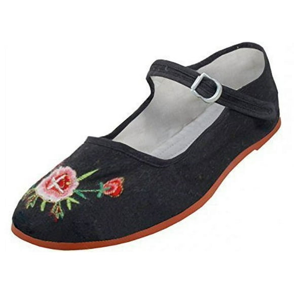 Easy USA Chaussures Mary Jane en Coton pour Femmes Ballerines Chaussures (6, Brodé Noir 114)