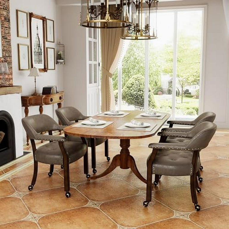 Dining Chair with Casters Kitchen Table Chair with Caster Arms Roller Poker Table Chairs with Wheels Wood Captains Game Table Rolling Chairs Cherry Purplish Blue 1533LB Walmart