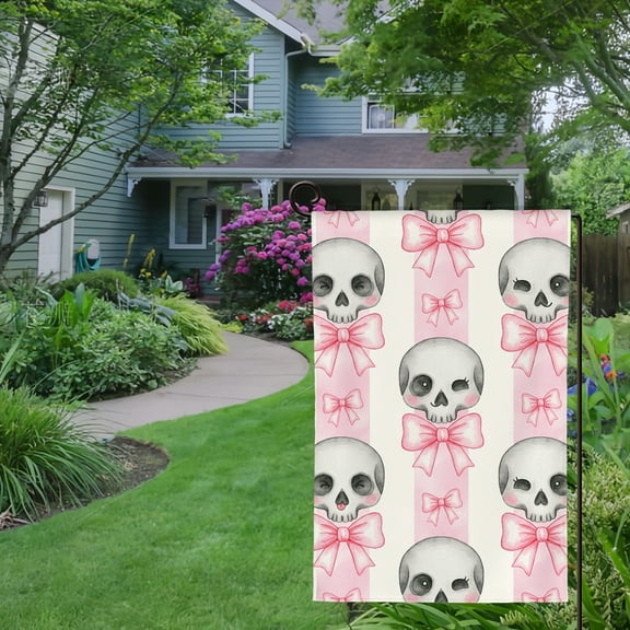 RKSupls Spring Summer Garden Flag Double Sided Watercolor Bow Skulls Linen Small Butterfly Floral Flower Welcome Yard House Outside Outdoor Decoration,12*18 inch