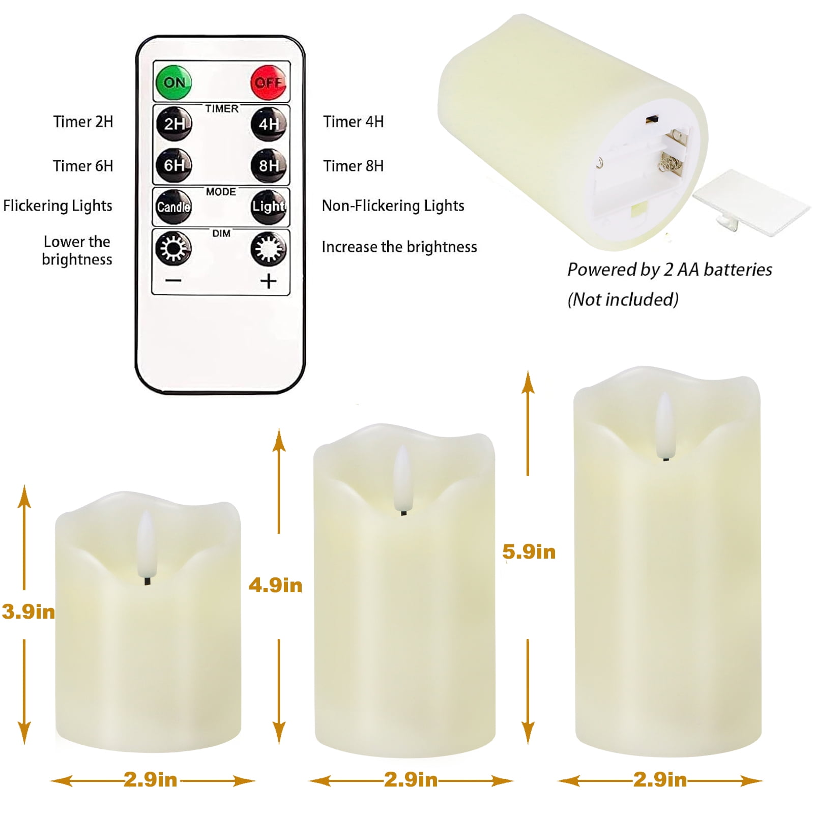 Flameless Candles Lights, Set of 3 White Flickering LED Candles with Remote & Timer, Dimmable LED Pillar Candles Battery Operated, Electric Candles for Halloween Thanksgiving Christmas Decor