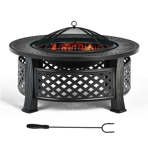 Costway 32" Round Fire Pit Set W/ Rain Cover BBQ Grill Log Grate Poker