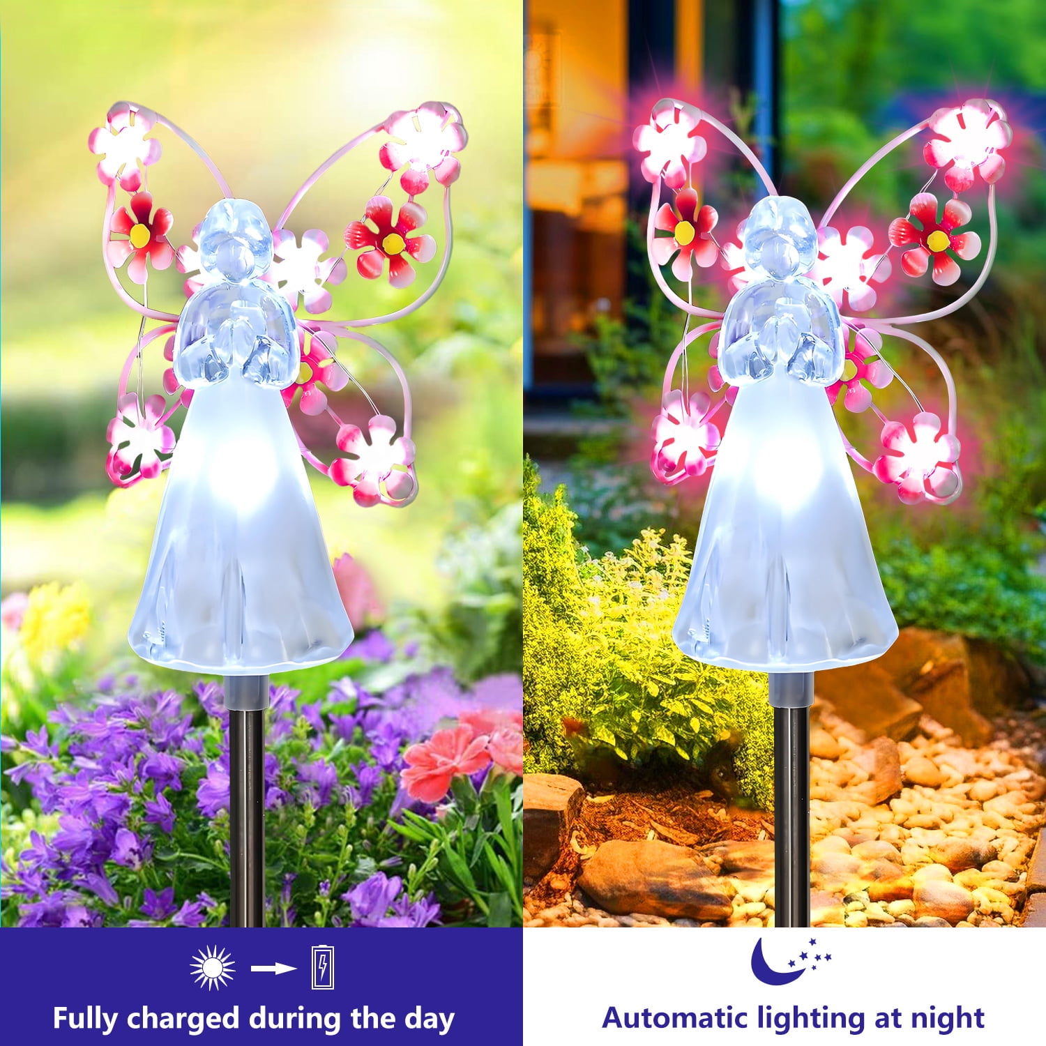 4 Pack Solar Angel Lights, LED Solar Garden Stake Lights, Multicolor Outdoor Solar Lights, Cemetery Decoration for Christmas Yard Sympathy Gifts