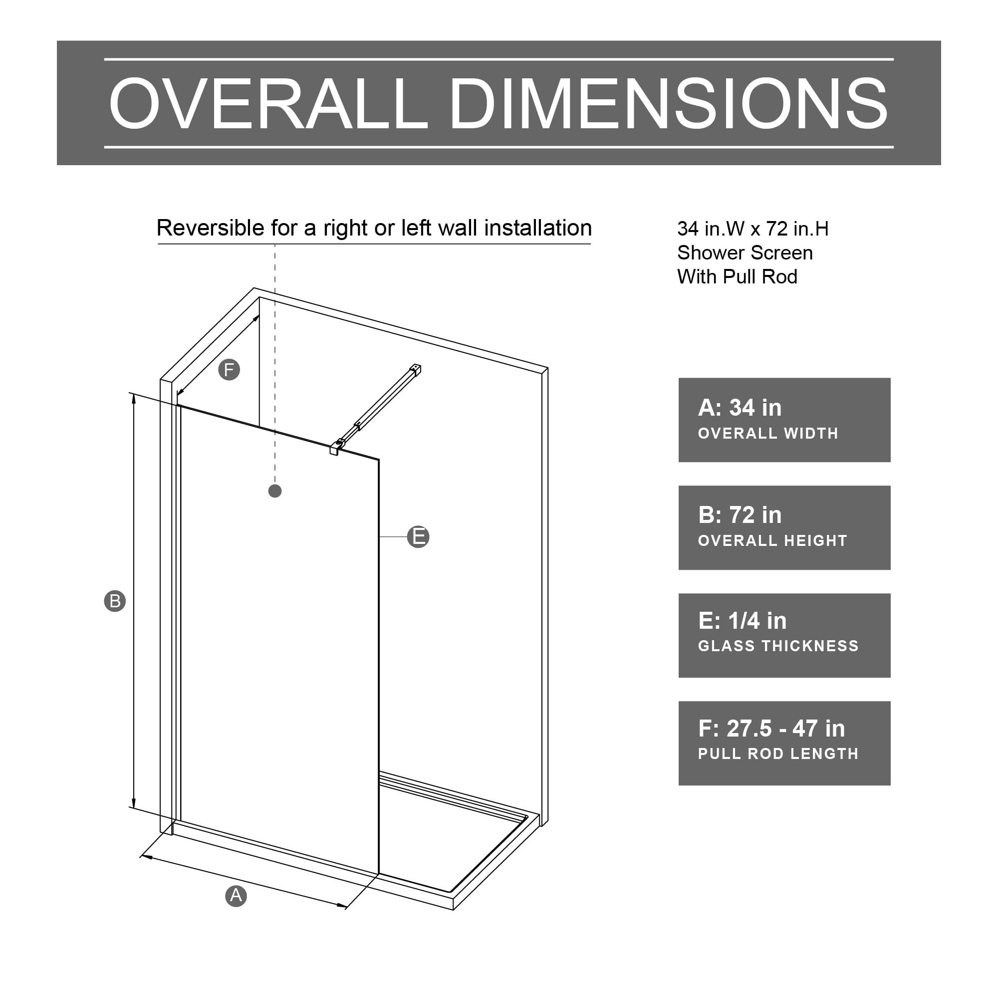 MAYEERTY Fixed Shower Door, Black Aluminum Frame, 1/4" Black Gradient Tempered Glass with Supporting Bar, Waterproof & Reversible Installation