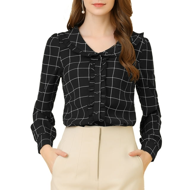 Blusa de cuadros con cuello lindo de INSPIRE CHIC para mujer de manga larga y botones negra S
