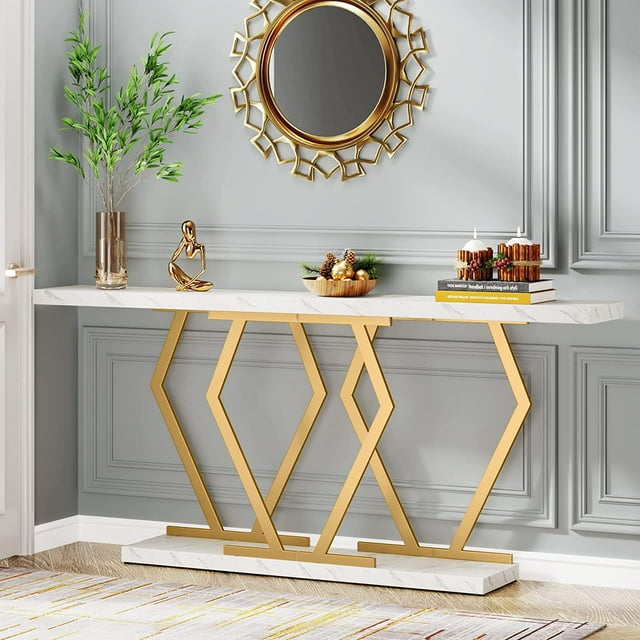 Tribesigns 70.9 Inch Extra Long Sofa Table, White and Gold Console Table with Faux Marble Tabletop, Modern Long Entryway Table with Gold Frame