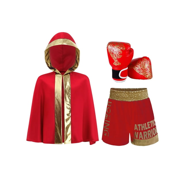 Moggemol Kids Boys Metallic Trim Boxer Robe with Gloves Set for Carnival Theme Party Boxing Practice Red Gold 16