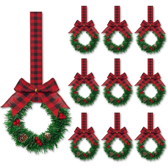 4 Pcs 6" Small Christmas Kitchen Cabinet Wreaths with Ribbon Mini Kitchen Cabinet Christmas Decor for Window Door