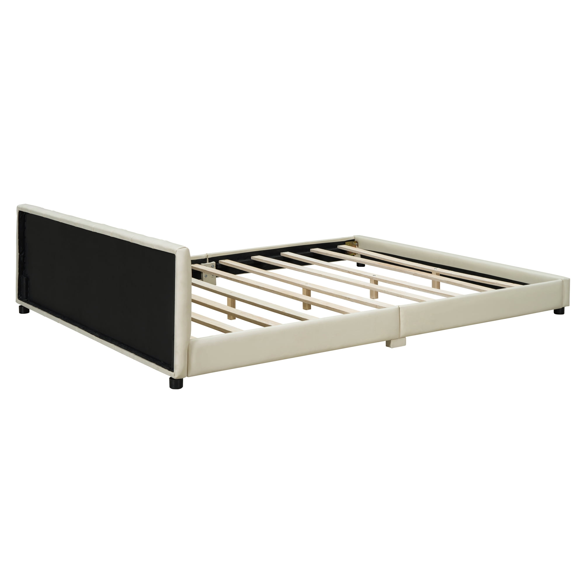 Harper & Bright Designs Wooden Mother Bed Frame Queen and Twin XL Size Daybed, PU Leather Upholstered Grounded Platform Bed, Beige