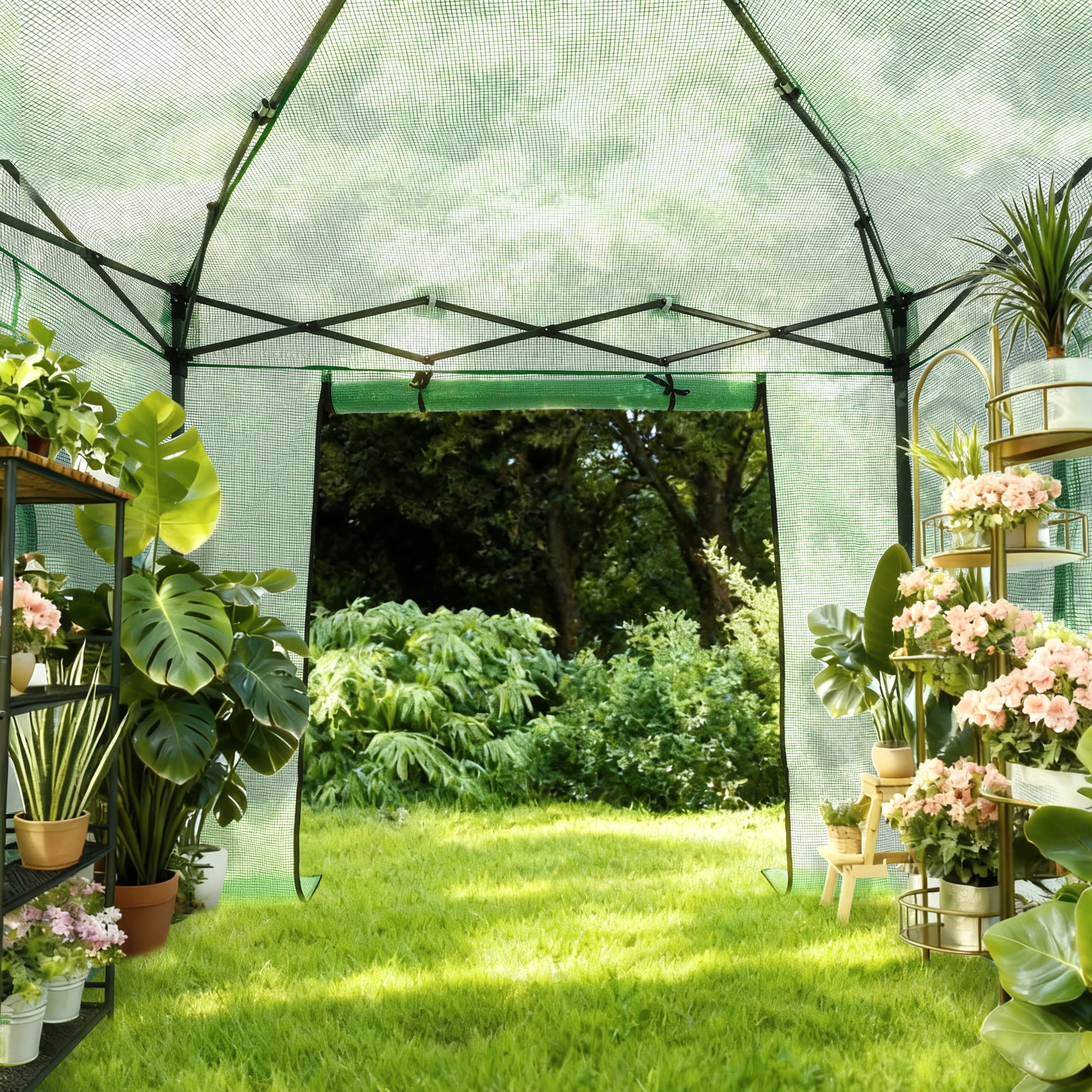 Ainfox 8x8 Ft Walk-in Greenhouse, Instant Pop Up Green House for Outdoors with Zippered Door and Roll-up Windows, PE Cover, Portable and Easy Assemble