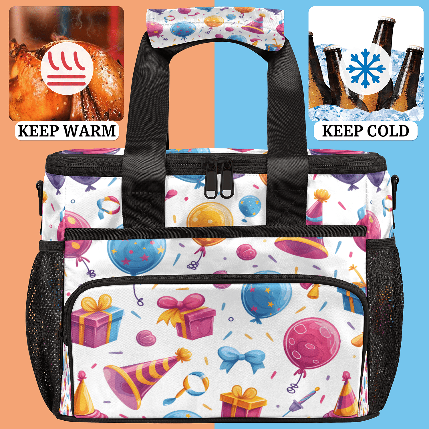 Herdesigns Happy Birthday Theme Large Lunch Box for Adults Women Men with Adjustable Shoulder Strap, Insulated Reusable Lunch Bag Leakproof Cooler Tote Bag