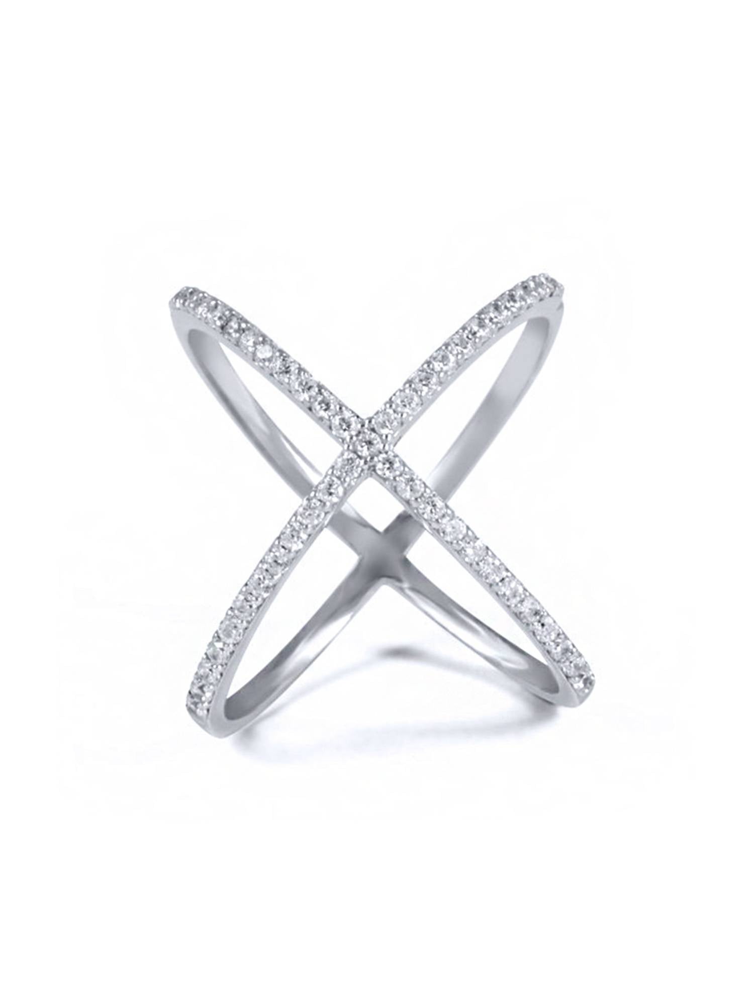 925 Sterling Silver White CZ Criss Cross Single /"x/" Long Ring