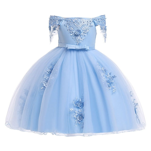 Penkiiy Toddler Girls Net Yarn Mesh Bow Ruffles Birthday Party Gown Long Dresses 6-7 Years Sky Blue