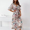 thumbnail image 3 of Vestido de moda para mujer Vestido largo floral con cuello en V y manga corta con cinturón Fridja  nalpqowj4304, 3 of 9