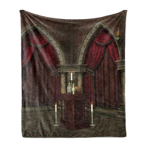 Gothic Soft Flannel Fleece Throw Blanket, Mysterious Dark Room in Castle Pillars Candles Atmosphere Pattern, Cozy Plush for Indoor and Outdoor Use, 50" x 70", Black and Red, by Ambesonne
