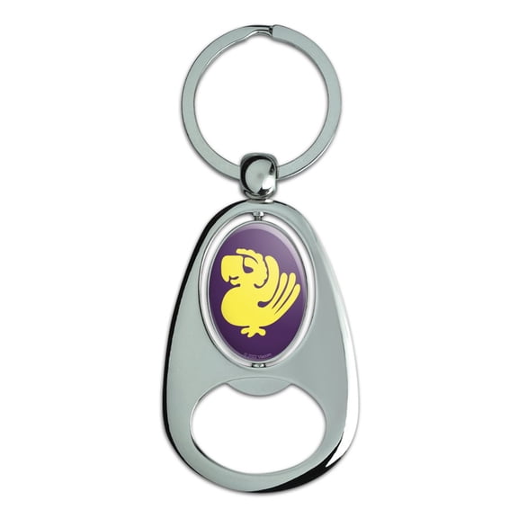 Hidden Temple Purple Parrots Keychain Chrome Metal Spinning Oval Bottle Opener
