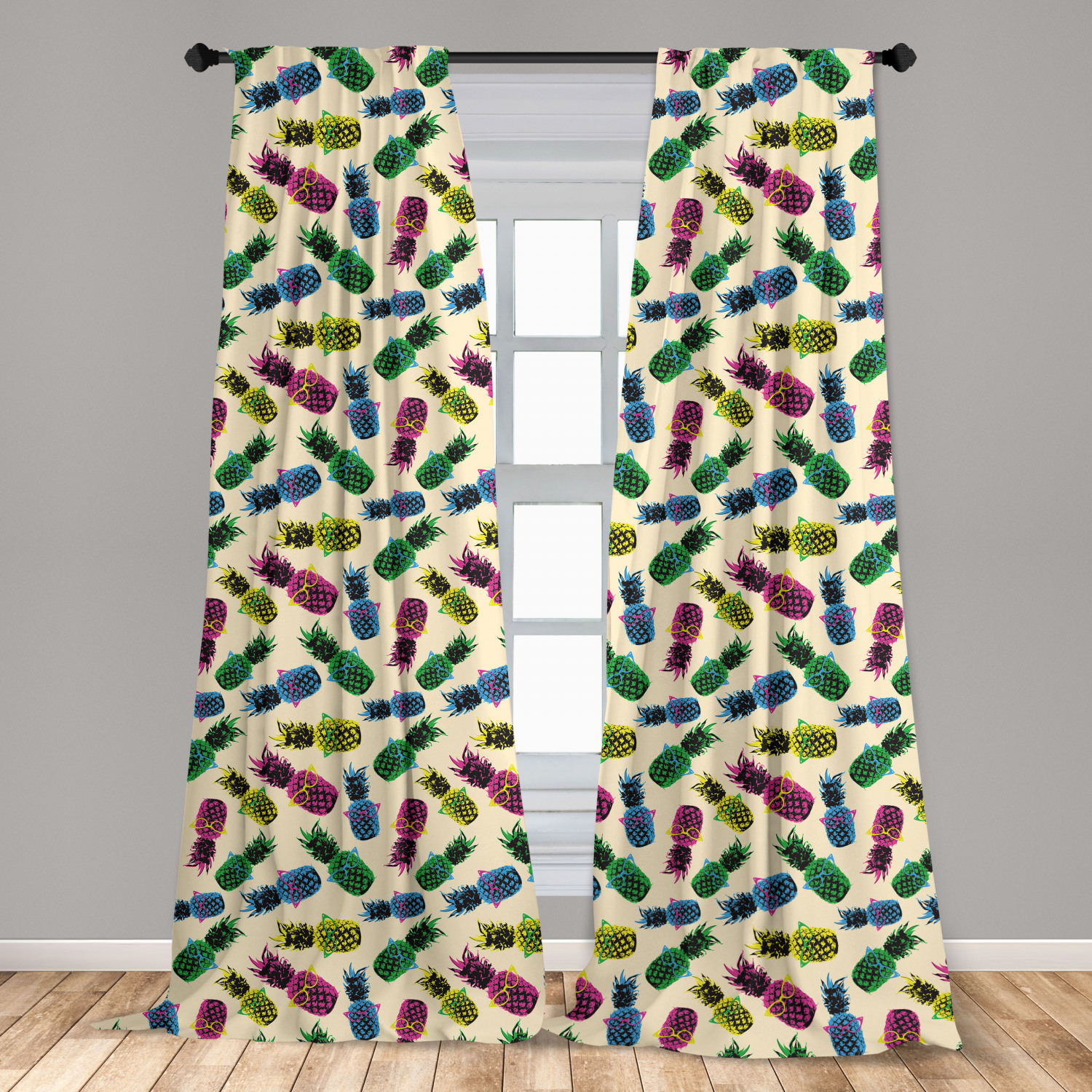 Indie Curtains 2 Panels Set, Retro 80s Summer Pattern Tropical Fruit