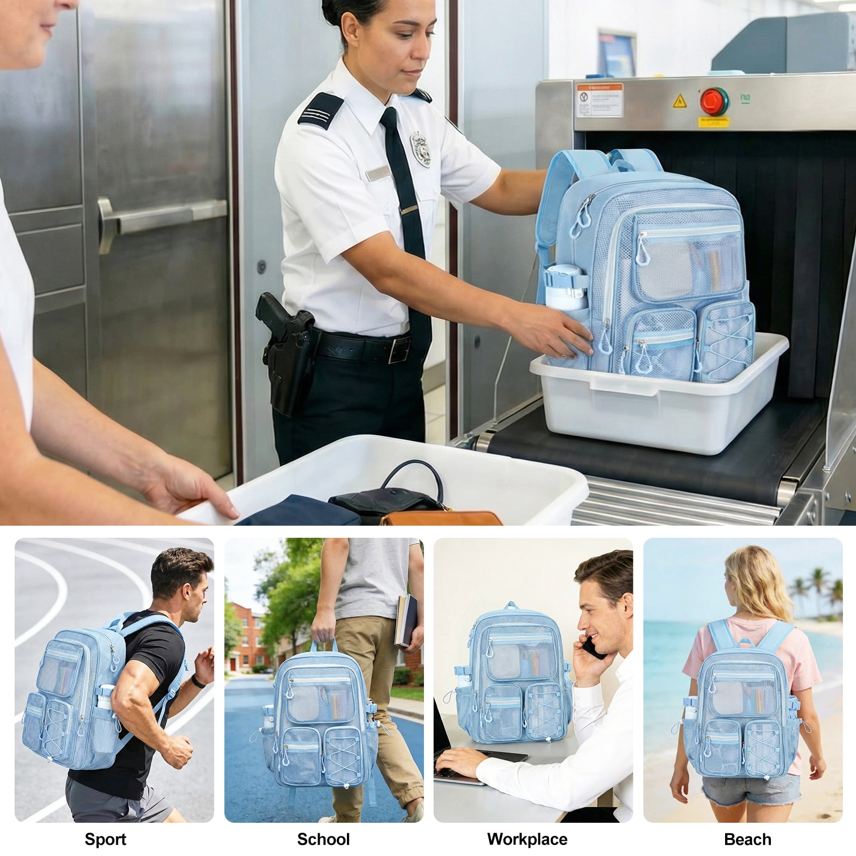KOITHOT Mesh Backpack Heavy Duty, Stadium Approved Multi-Pocket Beach Backpacks for Adults, See Through Transparent Mesh Bookbag for School & Travel(Blue)