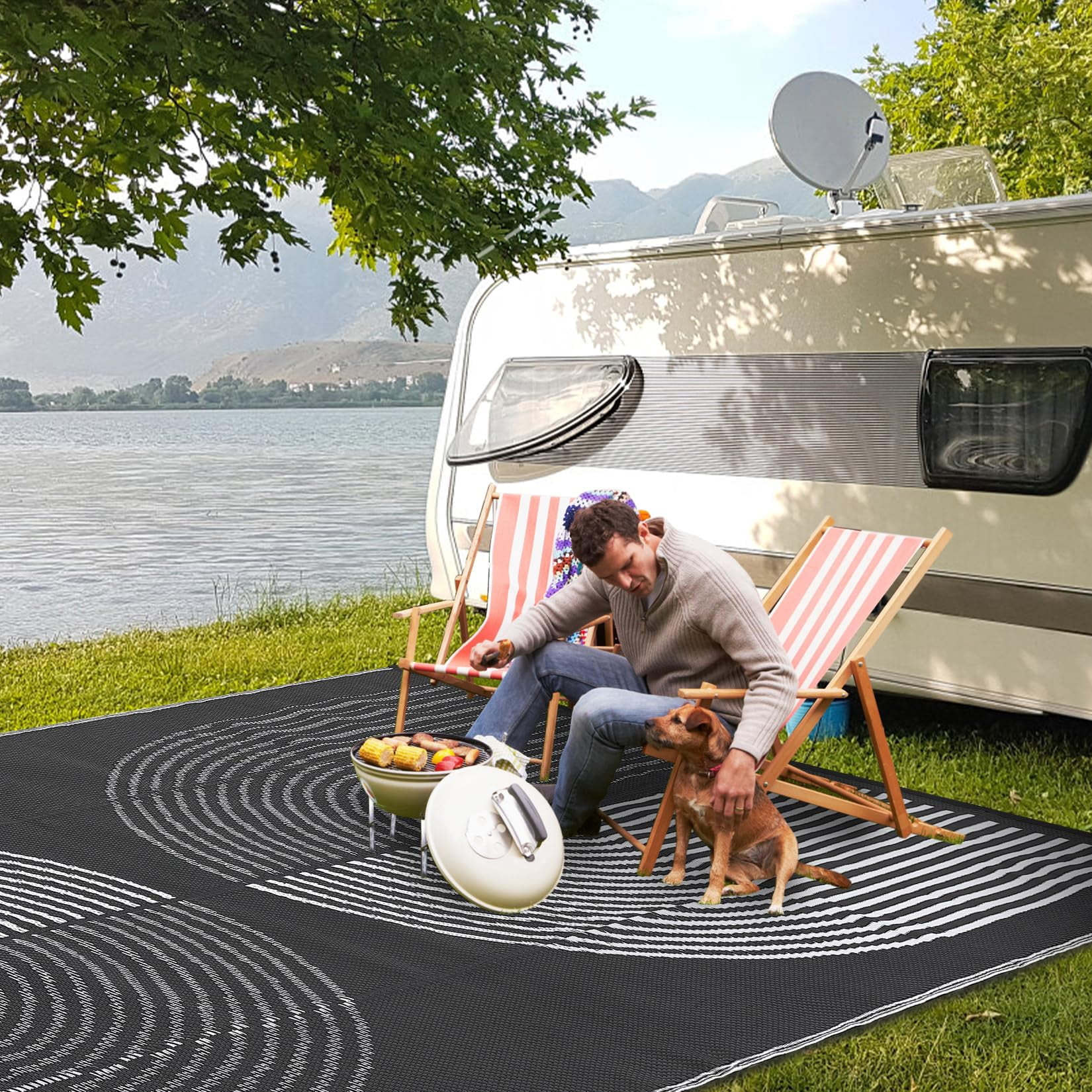 Kicctian Outdoor Rug 8x10FT Patio Waterproof, Outdoor Patio Rug Plastic Straw Outdoor Carpet, Large Modern Area Rug Carpet for Camping Poolside RV, Easy to Clean, Black & White