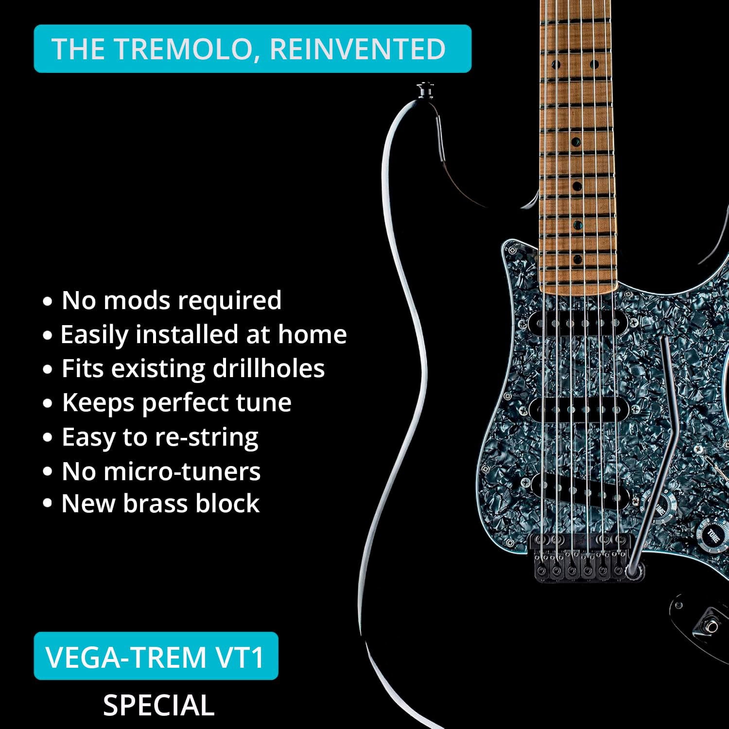Vega-Trem VT1 Special Standard 6-Screw Stratocaster Guitar Tremolo Bridge For Strat No Mods Easy Installation Black, Right