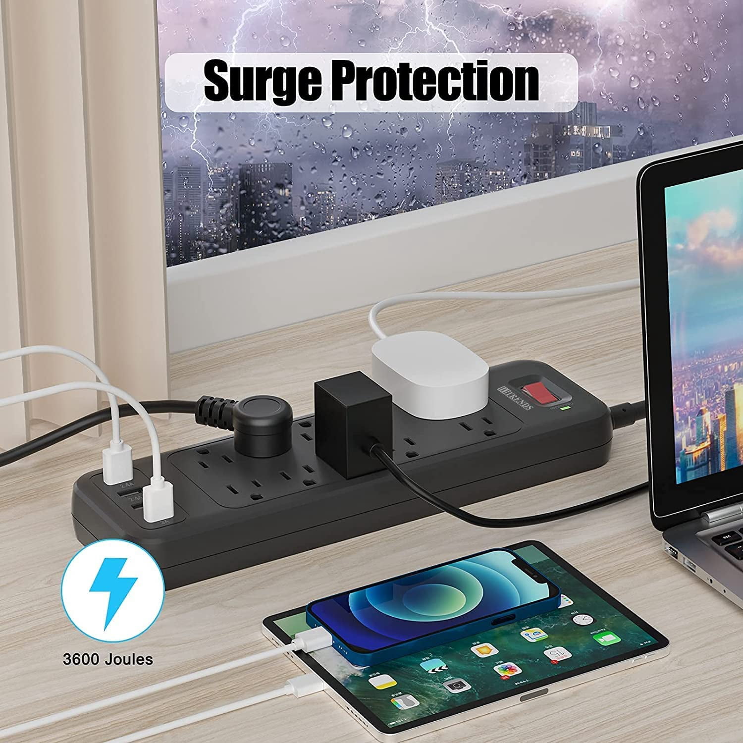 HITRENDS Surge Protector Power Strip - 12 AC Outlet 6ft Extension Cord, 5 USB Ports for Home Office, Black