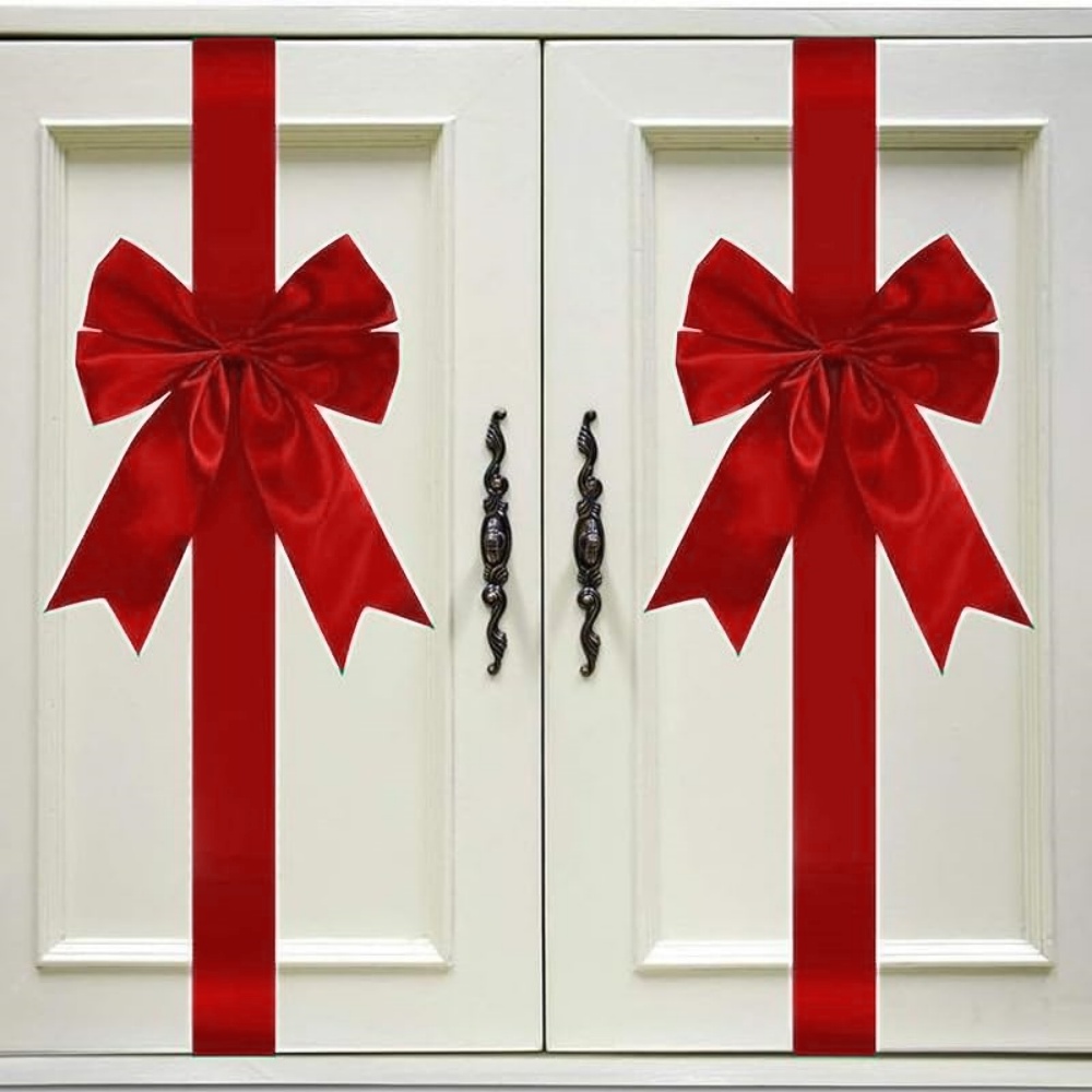 Trianu 6Pcs Christmas Cabinet Ribbons Bows Decorations 40in/100cm Large Red Kitchen Cabinet Door Ribbons and Bows for Christmas Party Supplies