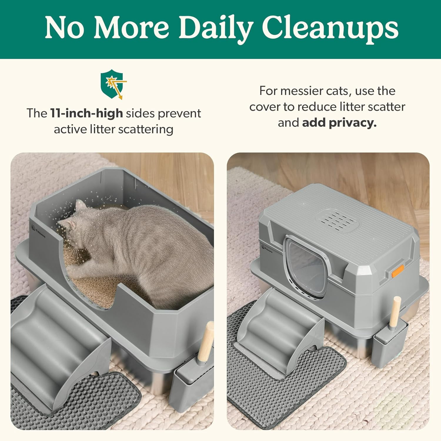 Petcove Stainless Steel Cat Litter Box XL with Lid – 3-in-1 Extra Large Covered Metal Cat Litter Box with High Wall Design & Carbon Filter – Gray