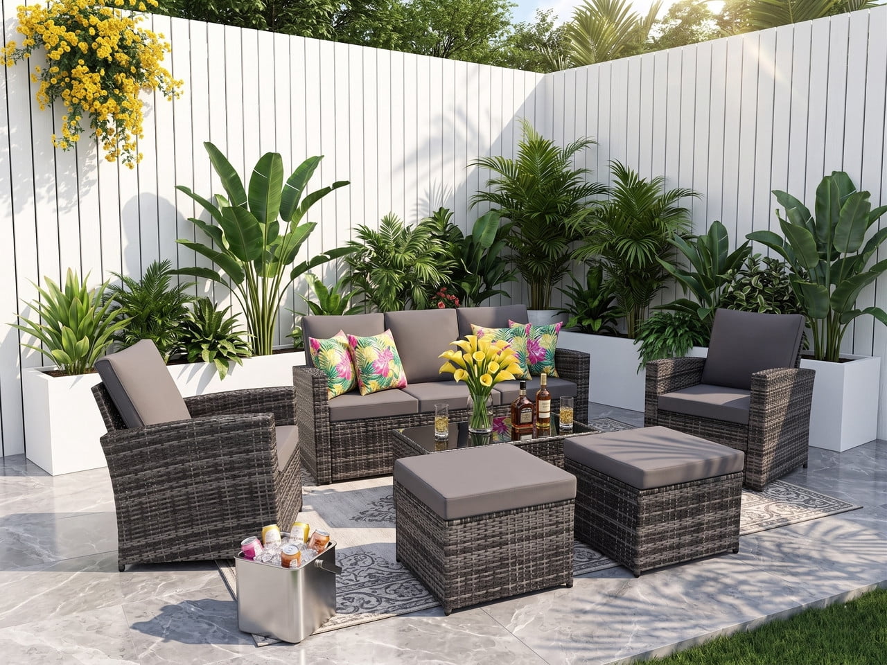 Howcool 6-Piece Patio Furniture Set,Wicker Outdoor Rattan Sectional Sofa with Cushions and Glass Table,All-Weather Outdoor Conversation Set for Garden,Porch,Backyard,Patio,Gray+Gray