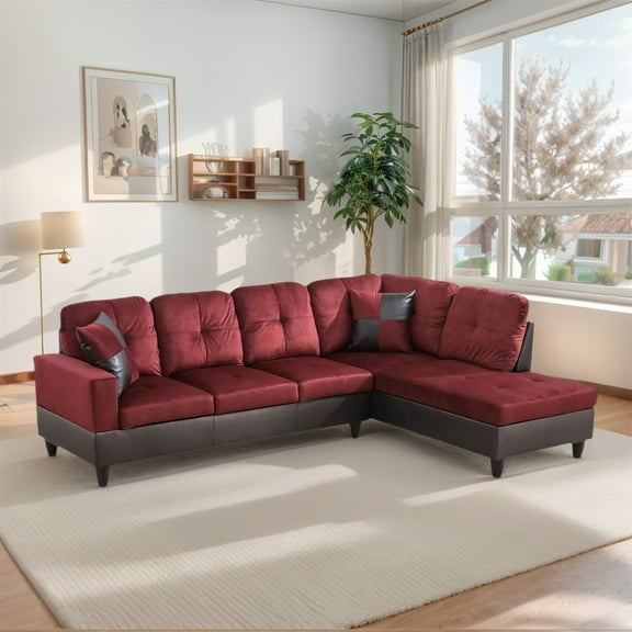 Hommoo Flannel & PVC L-Shaped Sectional Couch and Sofa Set, Modern Living Room Furniture Set, Right Side, Red
