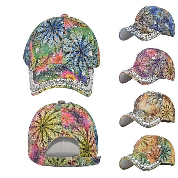 Womens Floral Print Baseball Cap with Rhinestone Detail Adjustable Summer Sun Hat with Visor