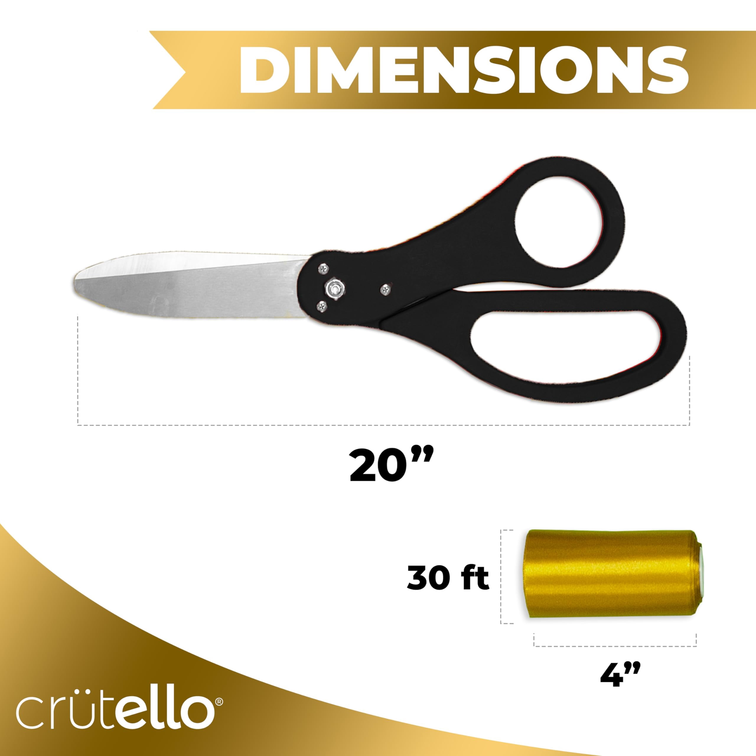 Crutello Giant Ribbon Cutting Ceremony Kit 20" Giant Scissor Set with Sharp, Black Handled Durable XL Scissors, and 30 Feet of Oversized 4" Wide Gold Ribbon