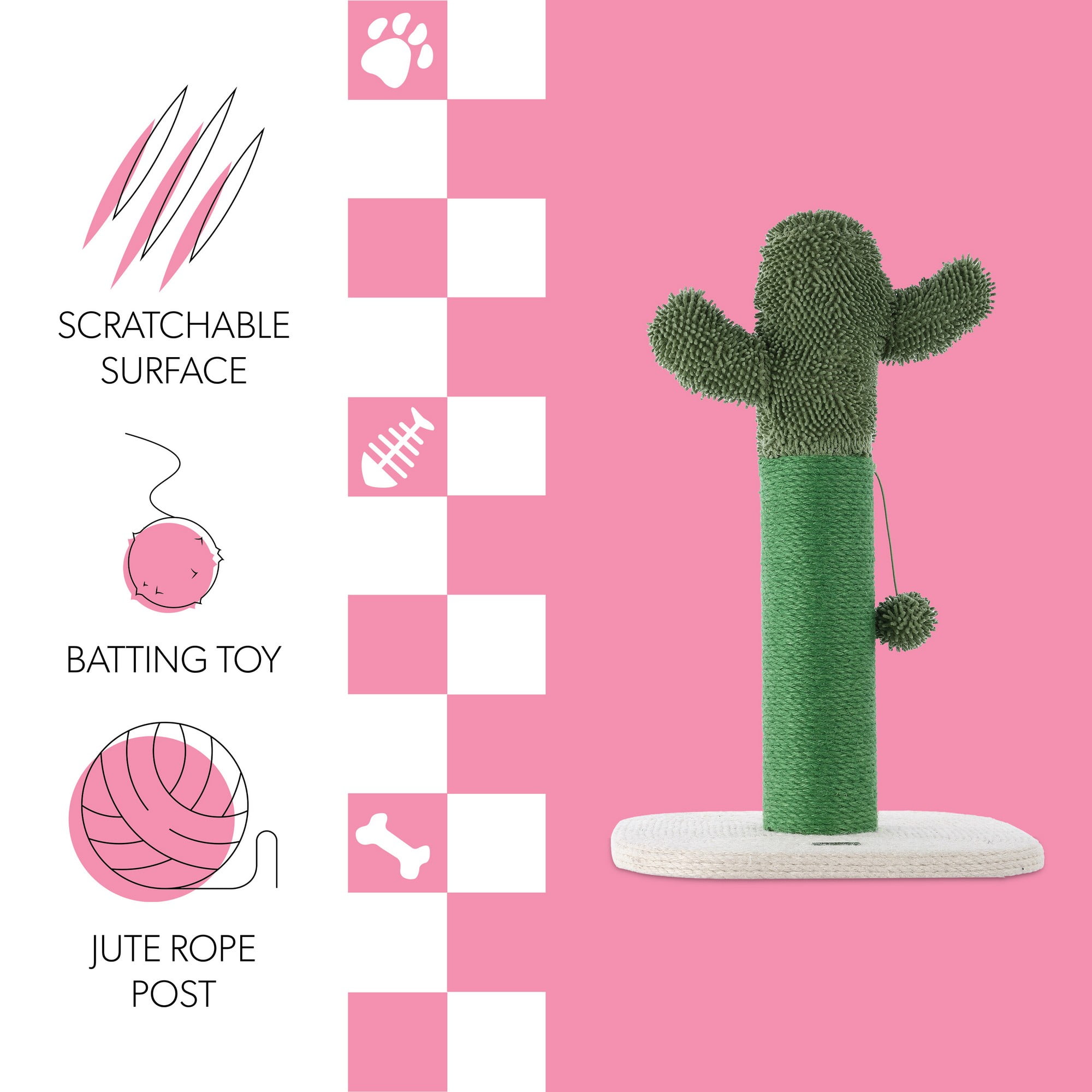 THE LICKER STORE Pecos 21" Modern Jute Cactus Cat Scratching Post with Fuzzy Toy, Green/White, CTR1000A