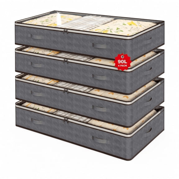 90L Under Bed Storage Containers, 4-Pack Transparent Top Storage Bins with Lids, Grey, Multi-purpose Closet Organizers for Clothes, Shoes, Blankets and Pillows