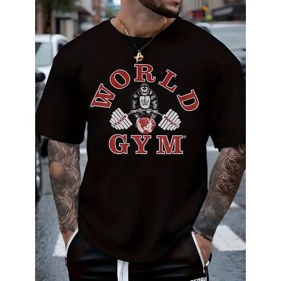 Crew Neck with Chic "WORLD GYM" Pattern Design and Orangutan Illustration - Perfect for Casual Wear, Sports Events and Gifts, Casual Wear T-Shirt | Sports | Fashion Design