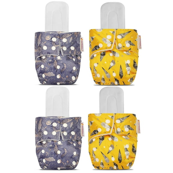 IMPROVUS 100% Cloth Diapers for Babies (0-3 Years), Reusable, Washable & Adjustable Nappies Snap Buttons and Wet-Free Insert Pads (Purple & Yellow MC pack of 4 cloth diaper and 3 insert pads)