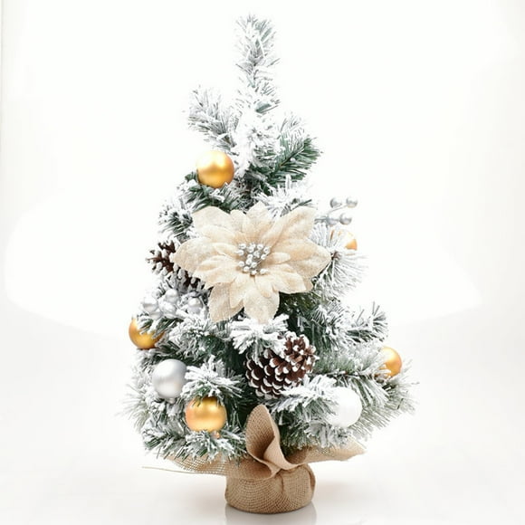 Pisexur Mini Christmas Trees with Flocked Needles, Berries And Flowers Decoration, Decorated Trees with Led Lights, Kitchen Tabletop Artificial,Burlap Bag Base