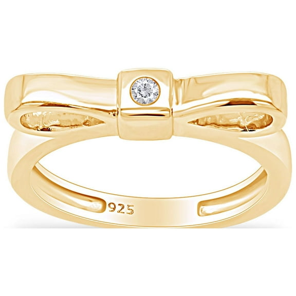 AFFY Round Shape White Natural Diamond Accent Ribbon Bow Ring In 14k Yellow Gold Over Sterling Silver Ring Size-7.5