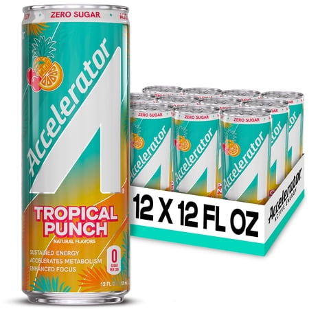 Accelerator Energy Drink, Tropical Punch, 12 fl oz can (12 pack), Zero Sugar, Sustained Energy from 100% Natural Caffeine (200mg from Green Coffee Bean & Green Tea extract)