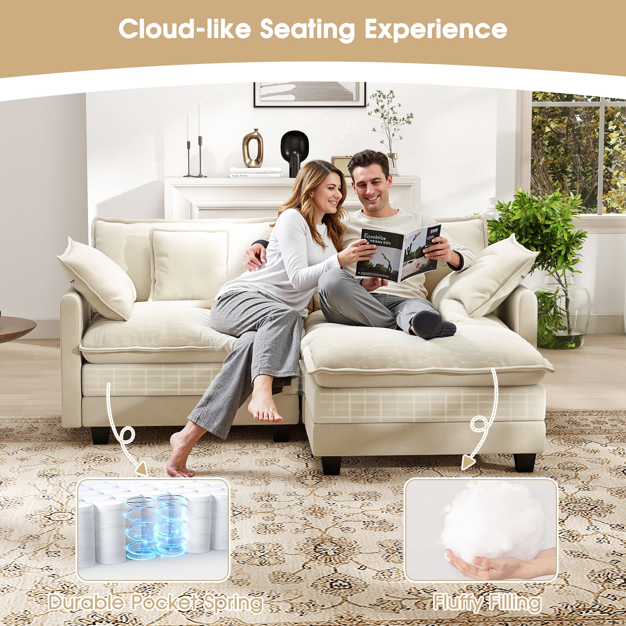 BedLuxury 76.7'' Loveseat Sofa with Ottoman for Living Room, Modern Chenille Comfy L Shaped Couch, 2-Seat, Beige