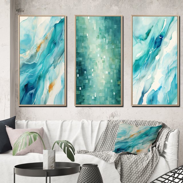 Designart "Turquoise Impressions Waves of Infinity VII" Abstract Painting Framed Wall Art Set Of 3 - Turquoise Modern Frame Gallery Set For Office Decor