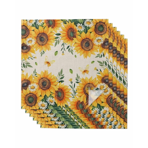 Spring Flowers Daisy Cloth Napkins Set of 6 Reusable Dinner Napkins, Yellow Floral Linen Farmhouse Cocktail Napkin Washable Table Napkins for Wedding/Holiday Party/Baby Shower 20"x20"