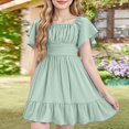 thumbnail image 2 of Xyxonk Girls Dresses Tie Back Summer Dress Elegant Ruffle Short Sleeve Sundresses Square Neck Off Shoulder Solid Color Outfits size 12-14 Mint Green, 2 of 5