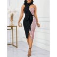 thumbnail image 6 of Pink Womens Color Block Sequin Hollow Slit Midi Dress With Belted Waist, 6 of 7