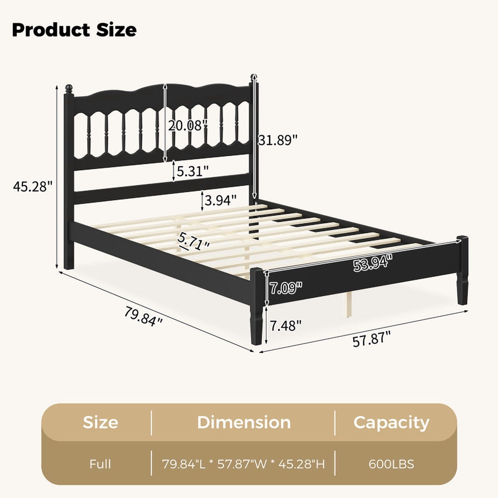 Full Size Retro Countryside Style Wooden Bed Frame with Spindle Headboard, Low Profile Platform Bed with No Box Spring Required