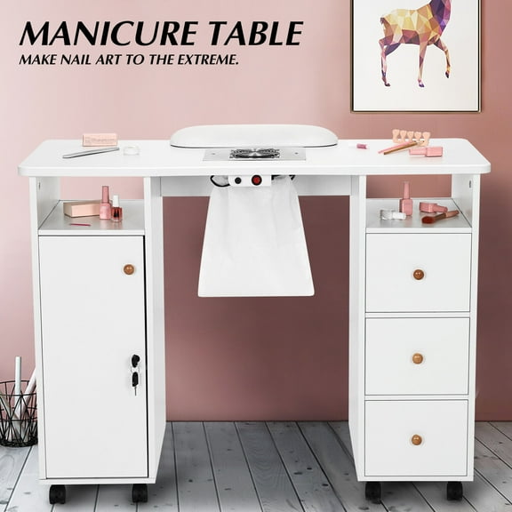 COSVALVE Manicure Table Nail Desk Salon Beauty Workstation with Electric Dust Collector,Wrist Cushion,Lockable Wheels,Drawers(White)