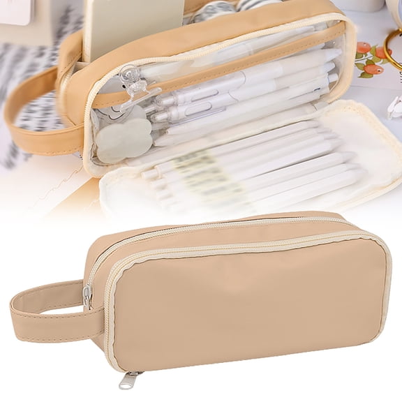 HandyHome 1pc Large Pencil Case, Big Capacity Pencil Pouch with 2 Compartments & Handle, Portable Zipper Pencil Bag, Multi-Purpose Desk Organizer for Stationery Makeup Cosmetic Storage, Brown