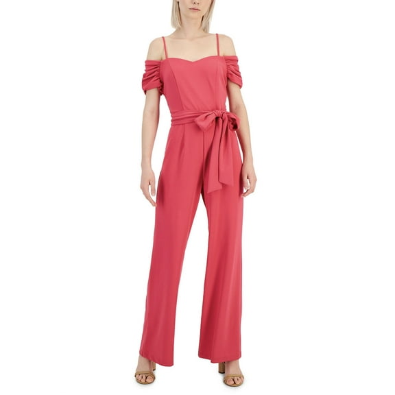 Tahari ASL Women's Off-The-Shoulder Crepe Jumpsuit Hot Pink Size 10