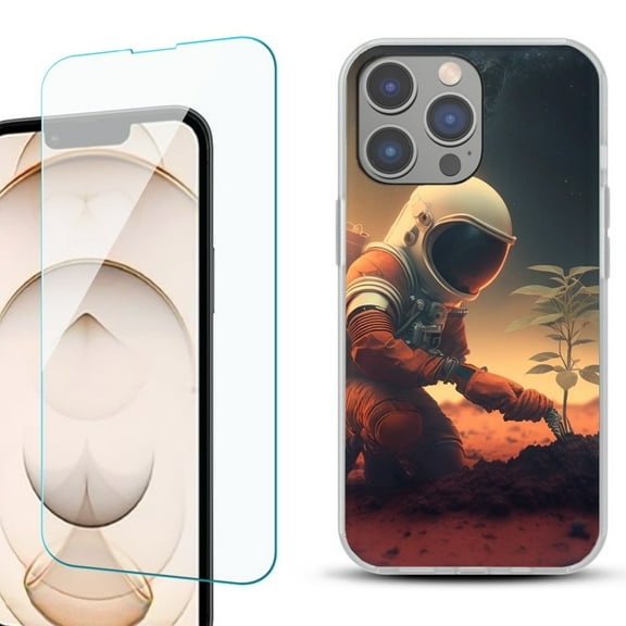 OneToughShield ® for iPhone 15 Pro Max Shockproof Fashion Phone Case, with Tempered Glass Screen Protector - Astronaut Planting