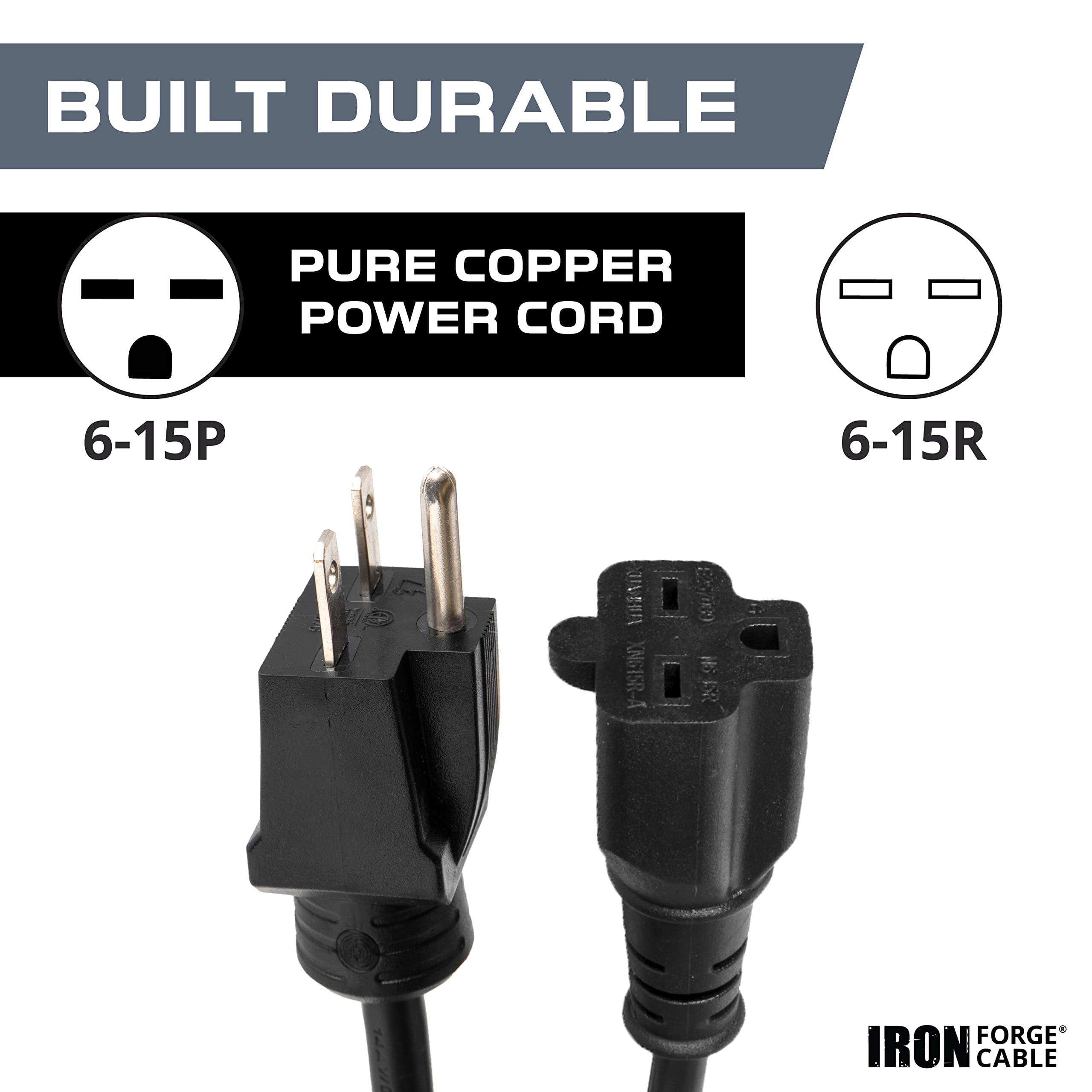 Iron Forge Cable 10 Ft Extension Cord - Nema 6-15 Extension Cord, 6-15P to 6-15R Black SJTW 14 Gauge Electric Cable, 15 Amp 220/240 Volt Heavy Duty